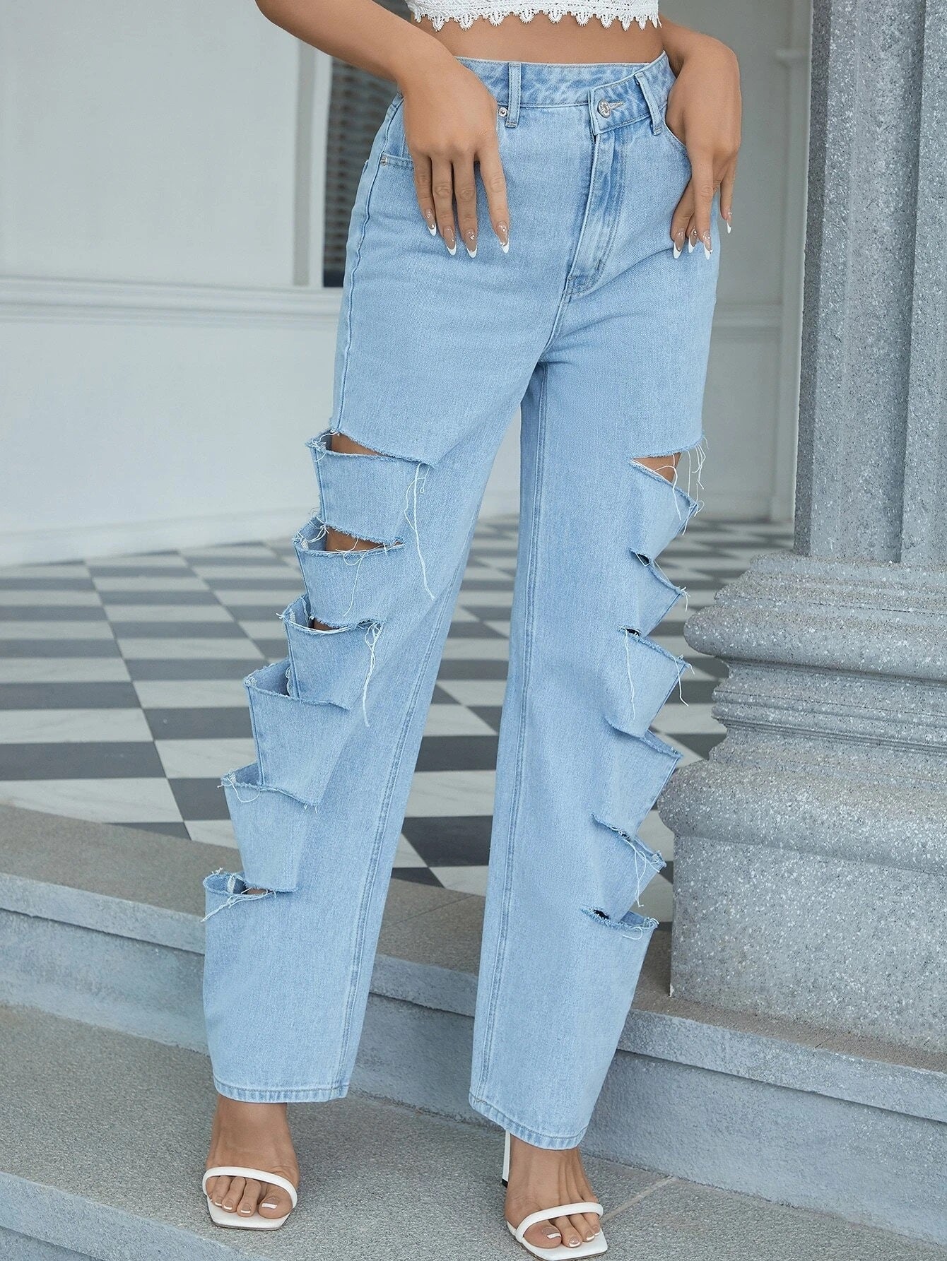 CM-BS191492 Women Preppy Seoul Style High Waist Ladder Ripped Straight Leg Jeans
