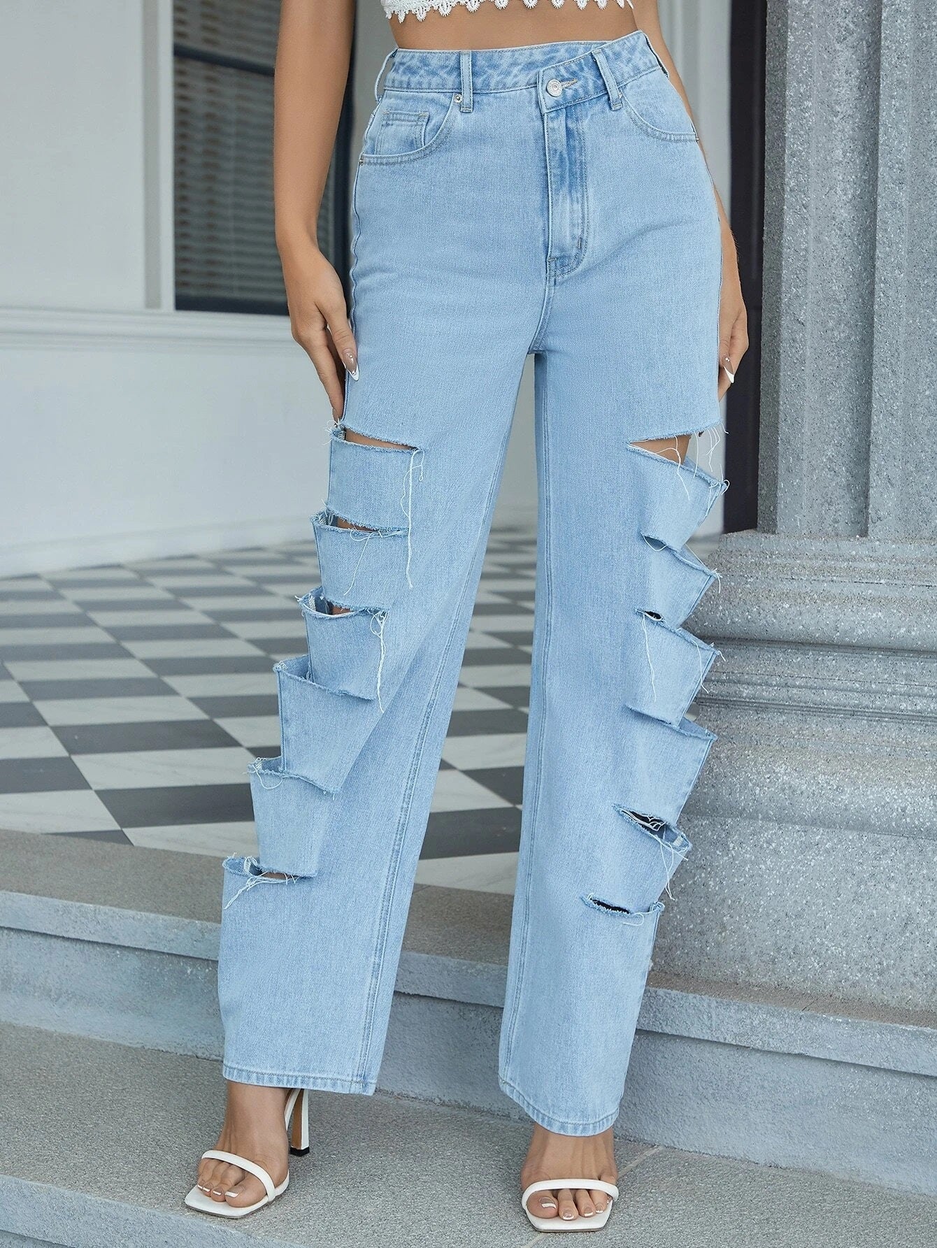 CM-BS191492 Women Preppy Seoul Style High Waist Ladder Ripped Straight Leg Jeans