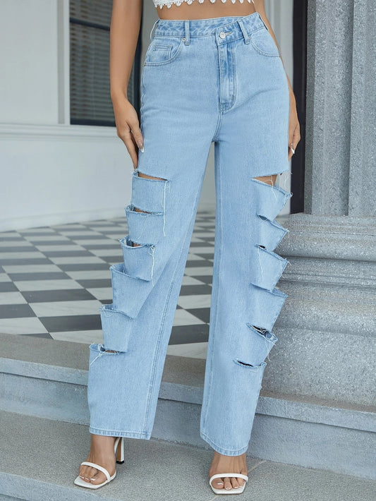 CM-BS191492 Women Preppy Seoul Style High Waist Ladder Ripped Straight Leg Jeans