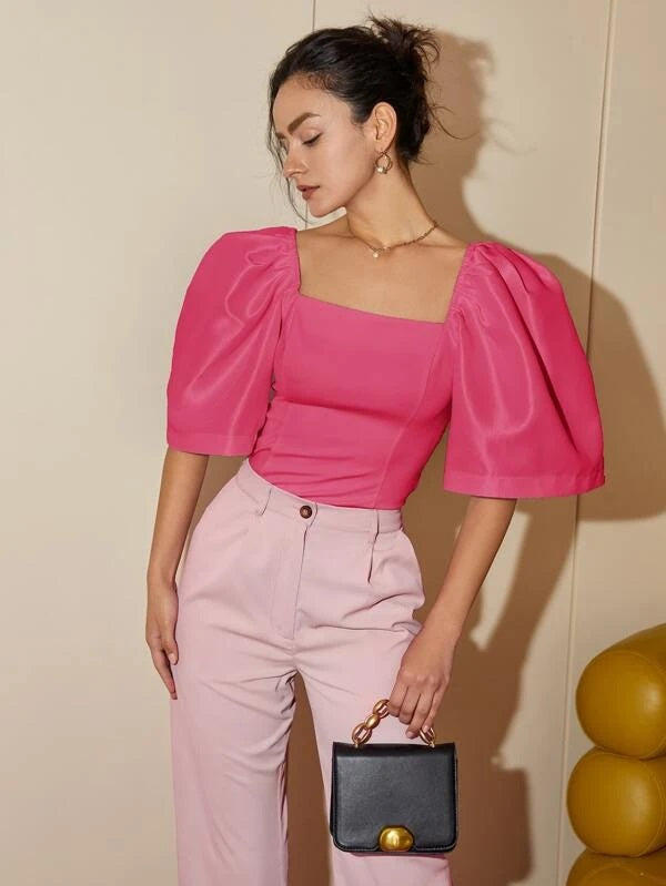 CM-TS744230 Women Elegant Seoul Style Square Neck Puff Sleeve Blouse - Pink