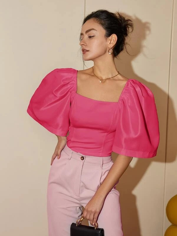 CM-TS744230 Women Elegant Seoul Style Square Neck Puff Sleeve Blouse - Pink