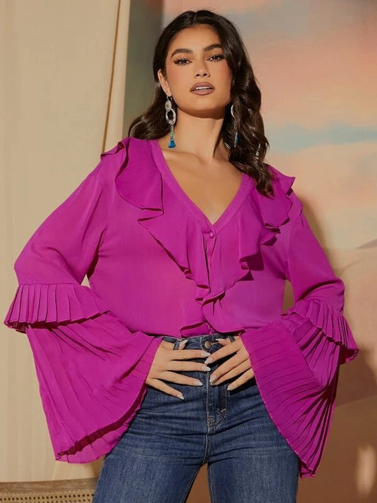 CM-TS435656 Women Elegant Seoul Style Ruffle Trim Flounce Sleeve Blouse - Purple