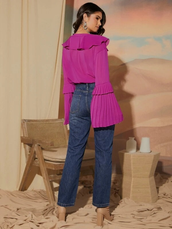 CM-TS435656 Women Elegant Seoul Style Ruffle Trim Flounce Sleeve Blouse - Purple