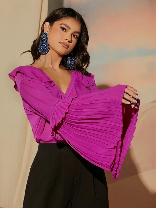 CM-TS435656 Women Elegant Seoul Style Ruffle Trim Flounce Sleeve Blouse - Purple