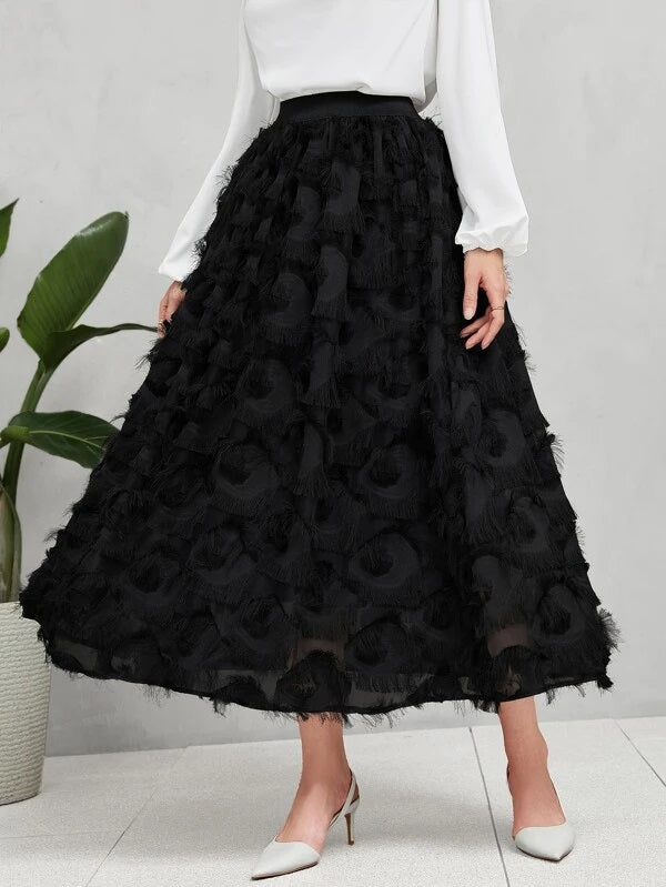 CM-BS969513 Women Elegant Seoul Style High Waist Fuzzy A-Line Maxi Skirt - Black