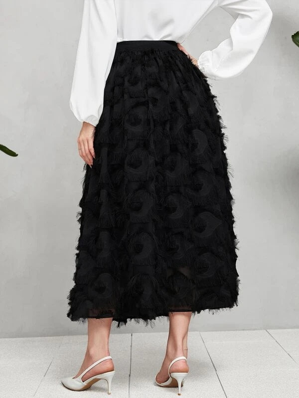 CM-BS969513 Women Elegant Seoul Style High Waist Fuzzy A-Line Maxi Skirt - Black