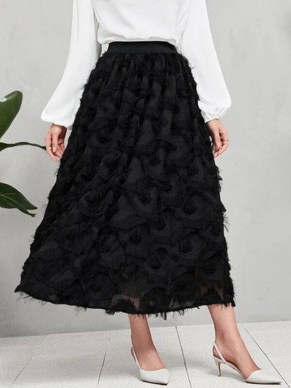 CM-BS969513 Women Elegant Seoul Style High Waist Fuzzy A-Line Maxi Skirt - Black