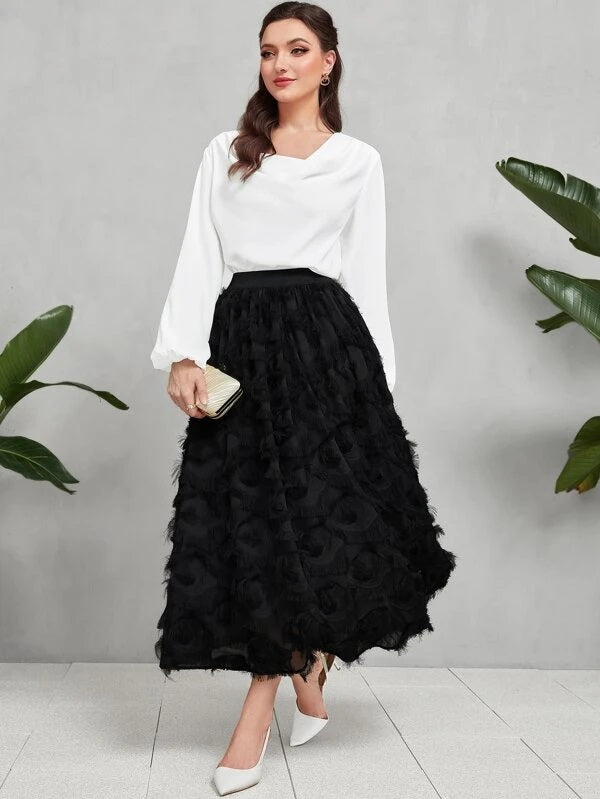 CM-BS969513 Women Elegant Seoul Style High Waist Fuzzy A-Line Maxi Skirt - Black