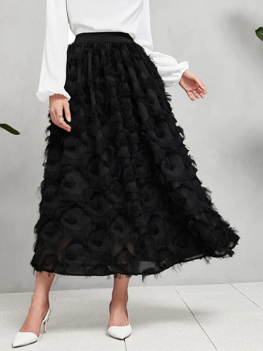 CM-BS969513 Women Elegant Seoul Style High Waist Fuzzy A-Line Maxi Skirt - Black