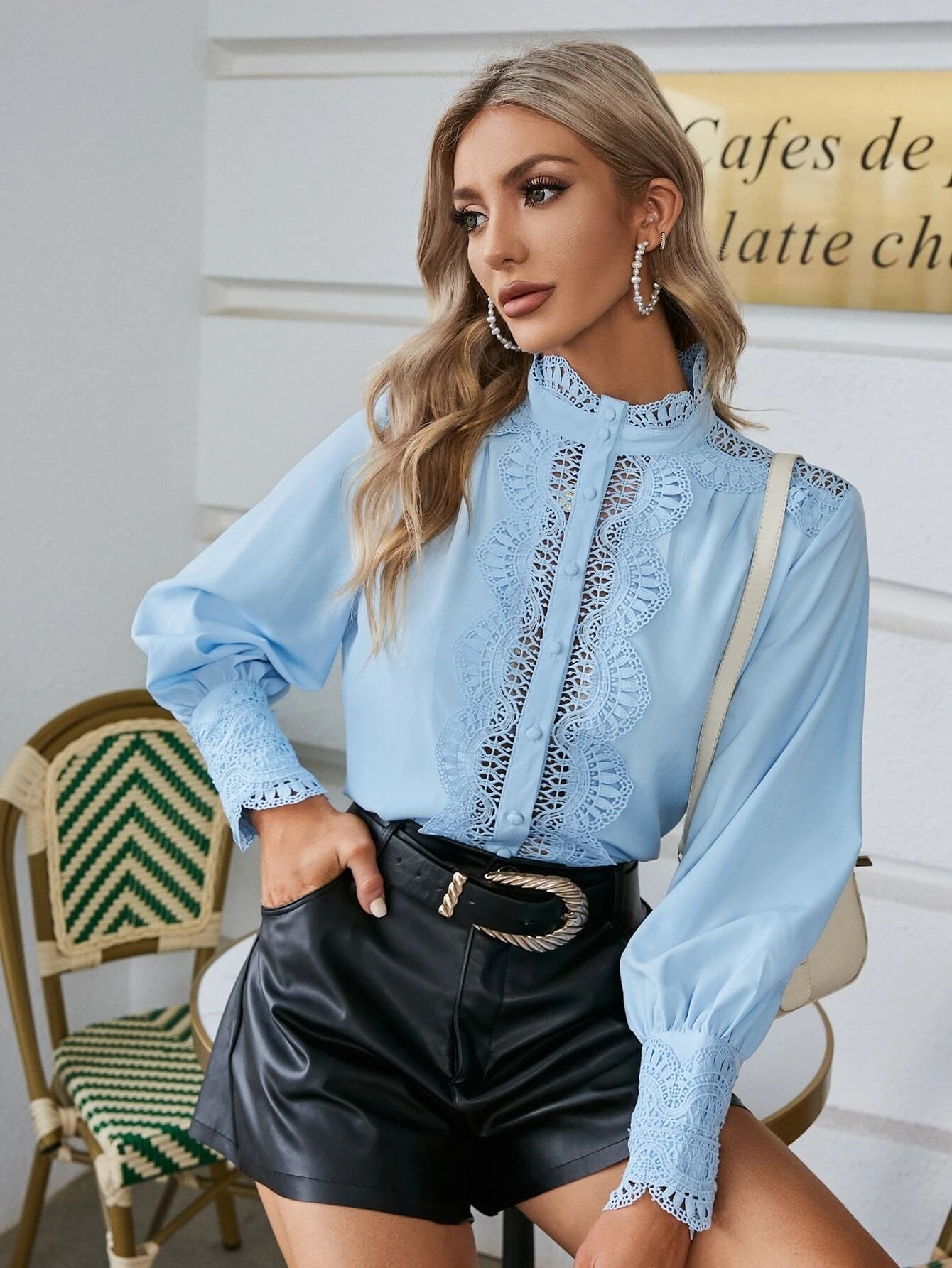 CM-TS040537 Women Elegant Seoul Style Guipure Lace Insert Bishop Sleeve Shirt - Baby Blue