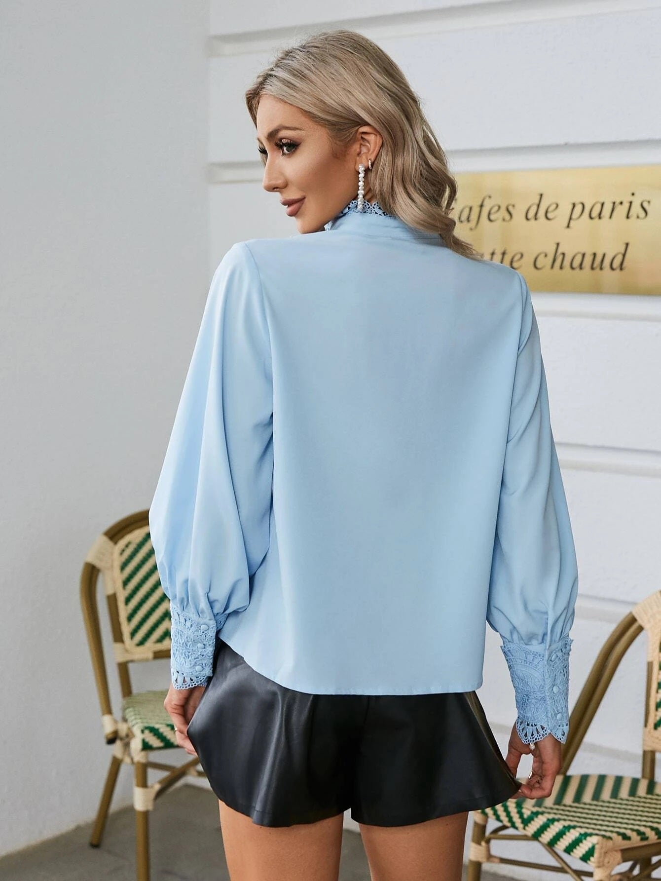 CM-TS040537 Women Elegant Seoul Style Guipure Lace Insert Bishop Sleeve Shirt - Baby Blue