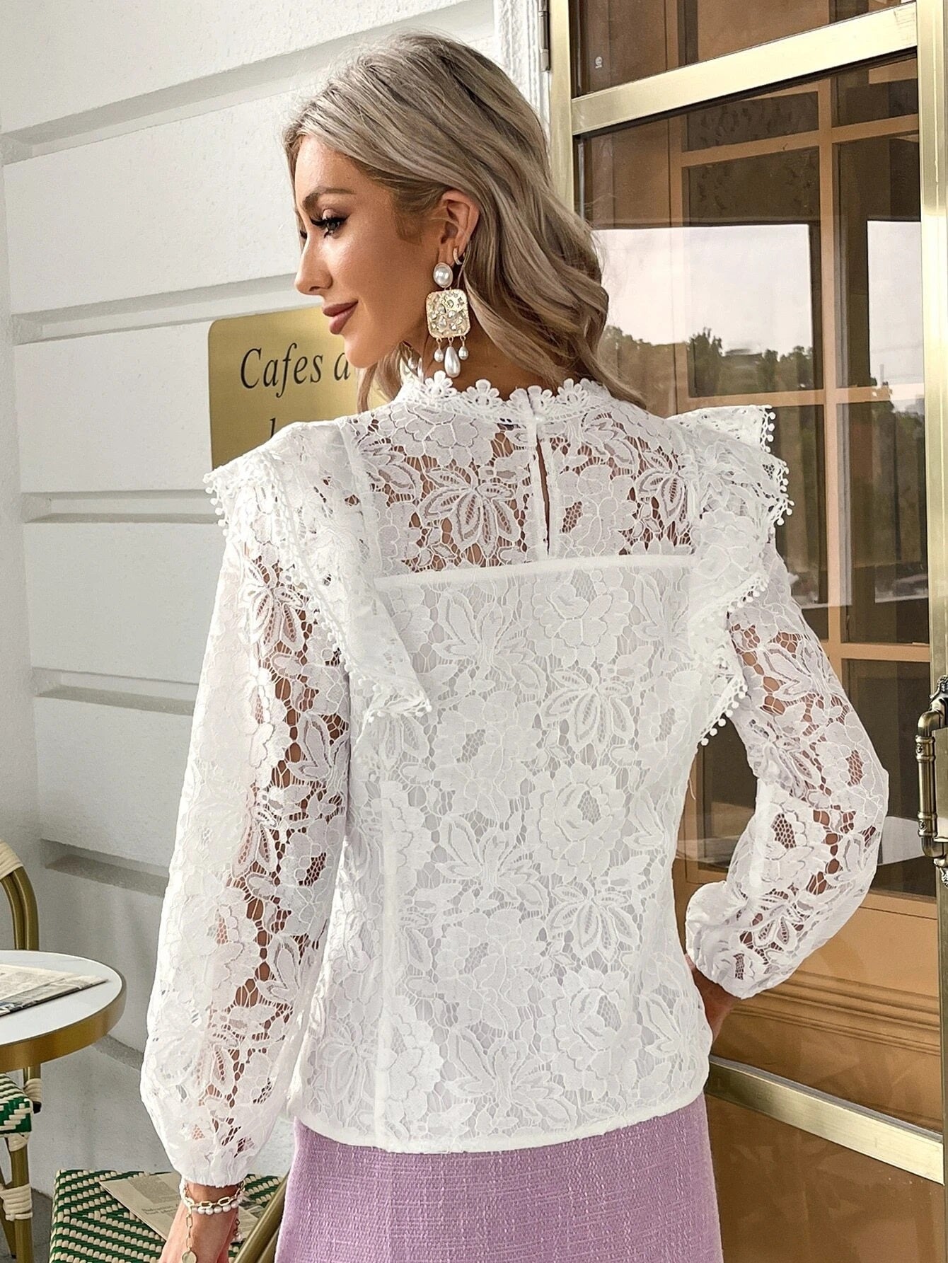 CM-TS940589 Women Elegant Seoul Style Long Sleeve Solid Mock Neck Lace Blouse - White