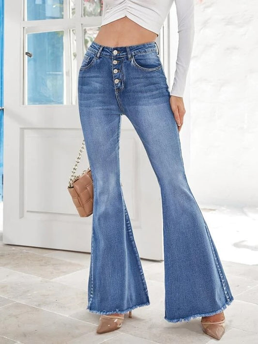 CM-BS897697 Women Casual Seoul Style Medium Wash Button Fly Raw Cut Flare Leg Jeans