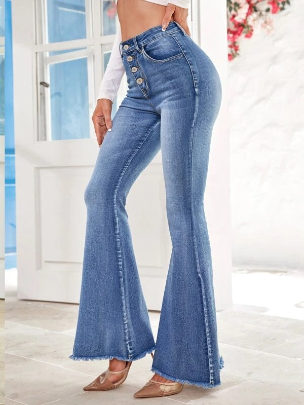 CM-BS897697 Women Casual Seoul Style Medium Wash Button Fly Raw Cut Flare Leg Jeans