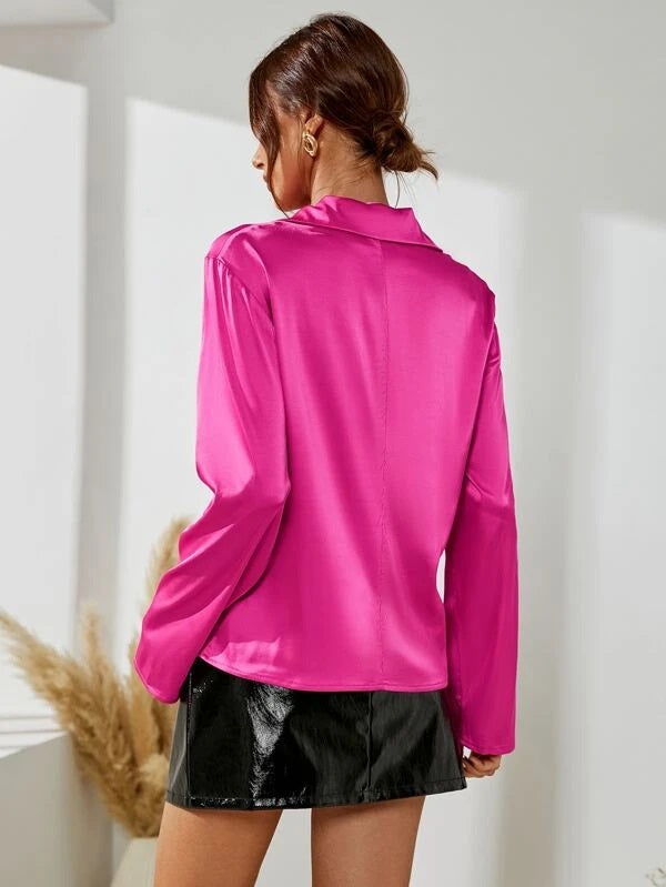 CM-TS967590 Women Casual Seoul Style Long Sleeve Solid Ruched Front Shirt - Hot Pink