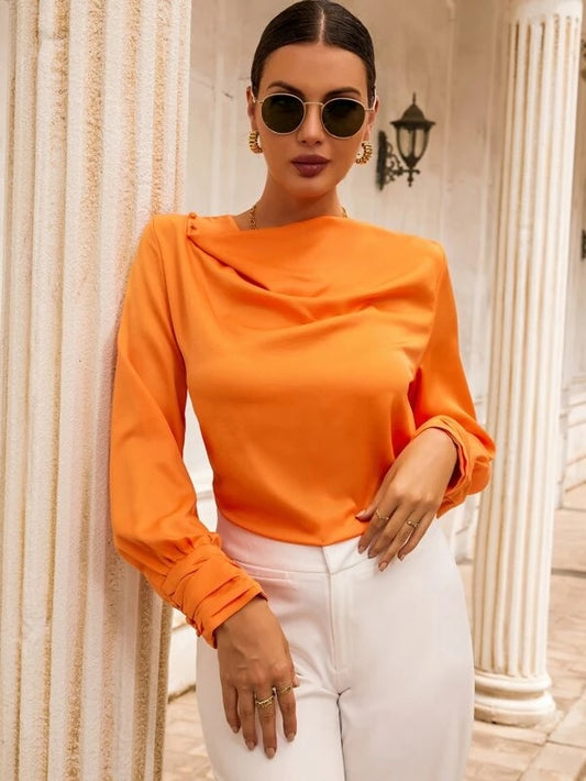 CM-TS491560 Women Elegant Seoul Style Long Sleeve Solid Draped Front Blouse - Orange