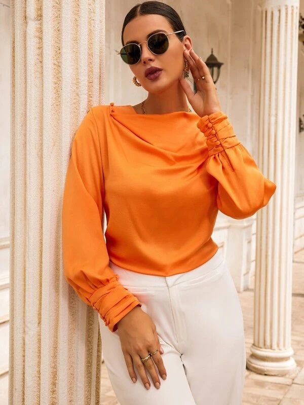 CM-TS491560 Women Elegant Seoul Style Long Sleeve Solid Draped Front Blouse - Orange