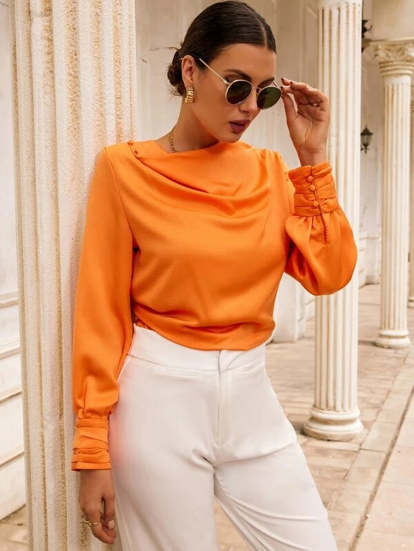 CM-TS491560 Women Elegant Seoul Style Long Sleeve Solid Draped Front Blouse - Orange