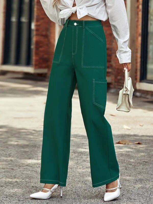 CM-BS810111 Women Casual Seoul Style Solid Pocket Patched Wide Leg Pants - Green