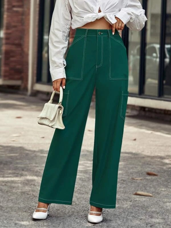 CM-BS810111 Women Casual Seoul Style Solid Pocket Patched Wide Leg Pants - Green