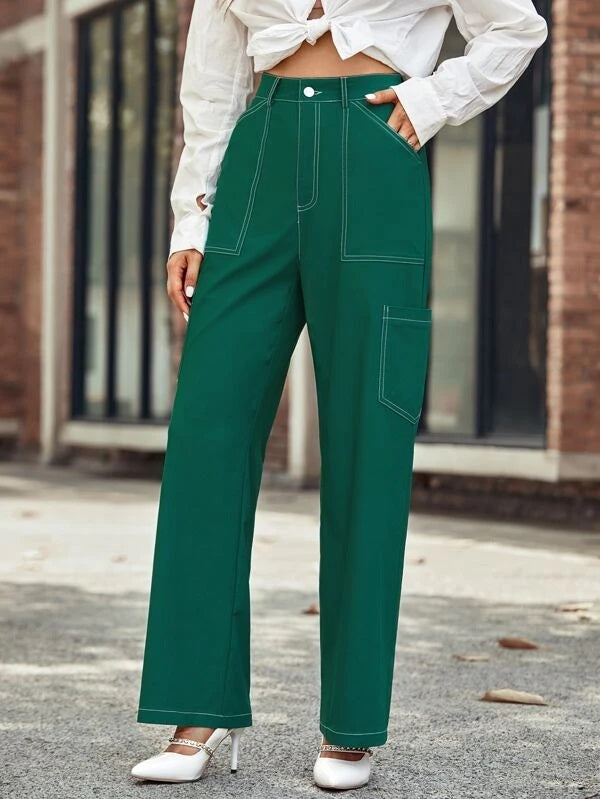 CM-BS810111 Women Casual Seoul Style Solid Pocket Patched Wide Leg Pants - Green