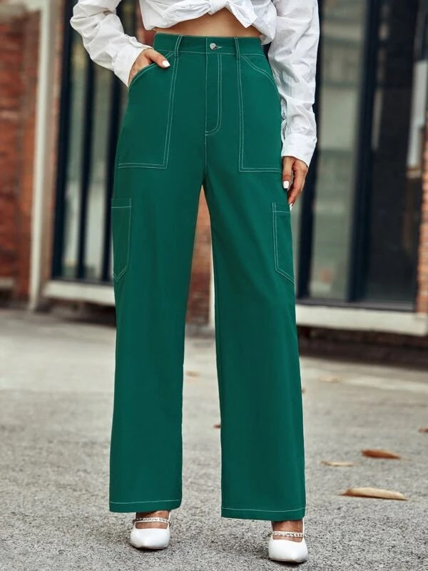 CM-BS810111 Women Casual Seoul Style Solid Pocket Patched Wide Leg Pants - Green