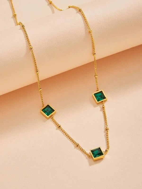 CM-AXS993015 Women Trendy Seoul Style Zircon Square Decor Necklace