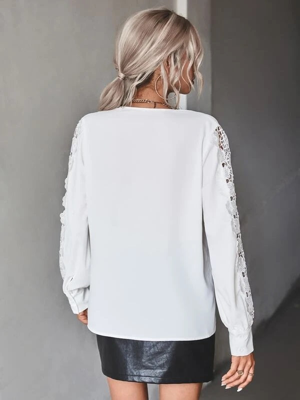 CM-TS057612 Women Elegant Seoul Style Guipure Lace Insert Lantern Sleeve Blouse - White