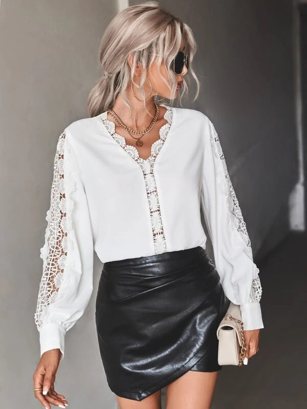CM-TS057612 Women Elegant Seoul Style Guipure Lace Insert Lantern Sleeve Blouse - White