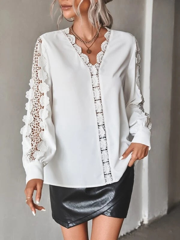 CM-TS057612 Women Elegant Seoul Style Guipure Lace Insert Lantern Sleeve Blouse - White