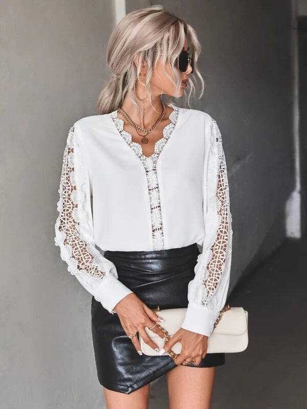 CM-TS057612 Women Elegant Seoul Style Guipure Lace Insert Lantern Sleeve Blouse - White