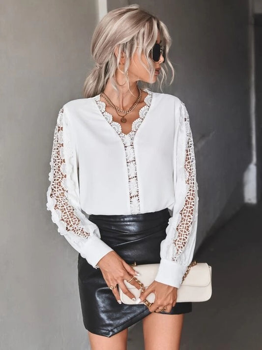 CM-TS057612 Women Elegant Seoul Style Guipure Lace Insert Lantern Sleeve Blouse - White