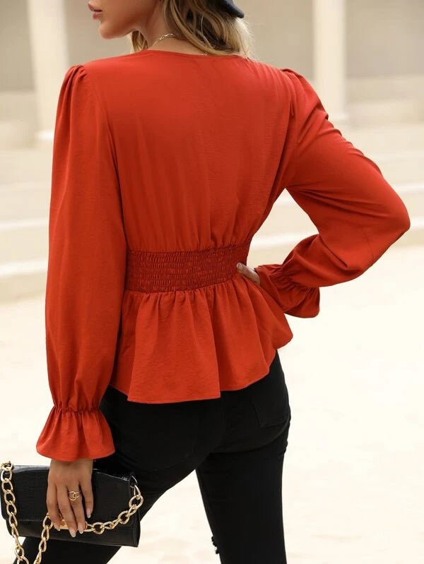 CM-TS442298 Women Trendy Bohemian Style Flounce Sleeve Ruched Peplum Blouse - Burnt Orange