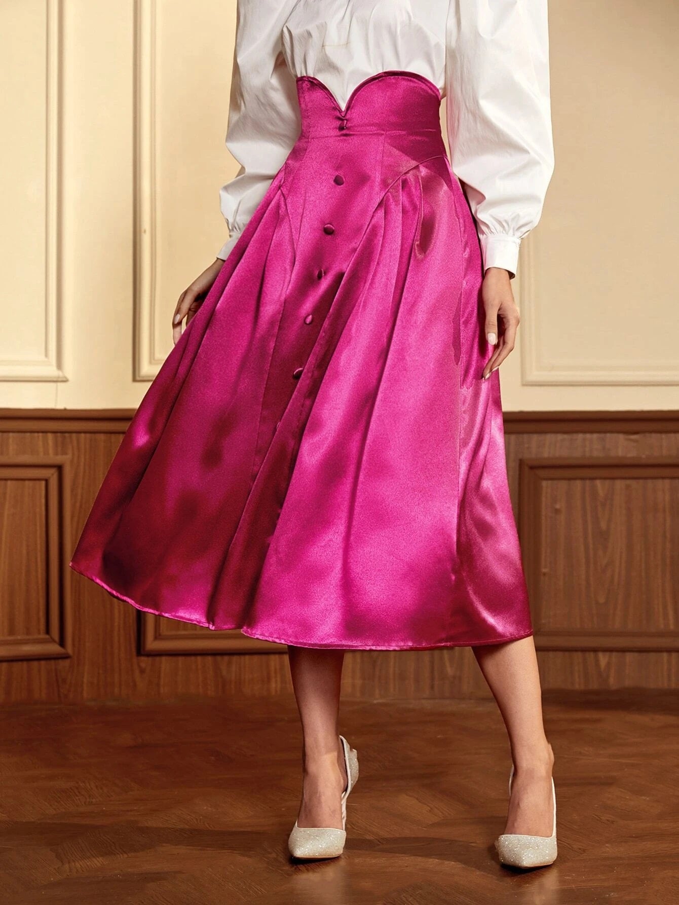 CM-BS480870 Women Elegant Seoul Style High Waist Button Front Satin Skirt - Hot Pink