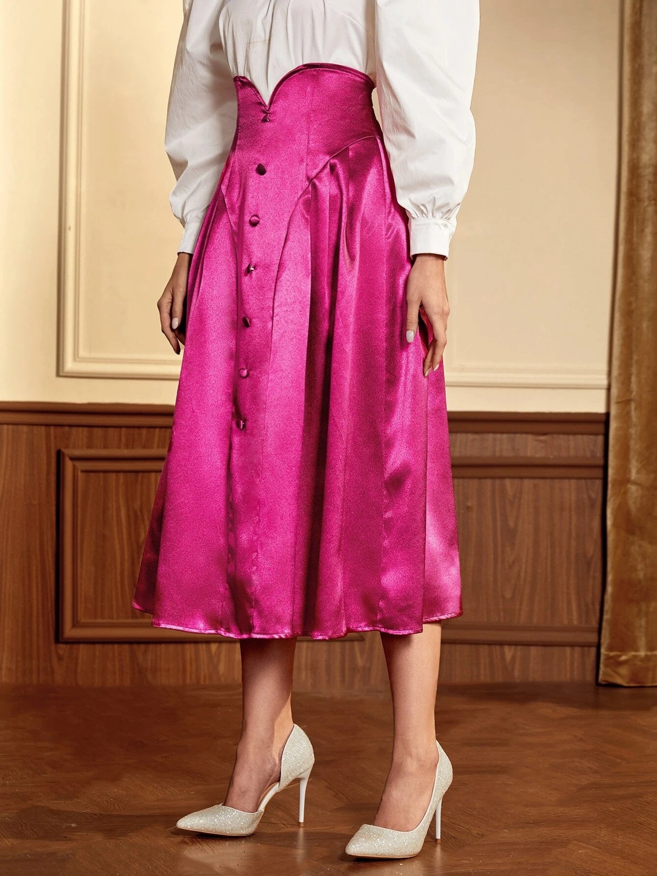 CM-BS480870 Women Elegant Seoul Style High Waist Button Front Satin Skirt - Hot Pink