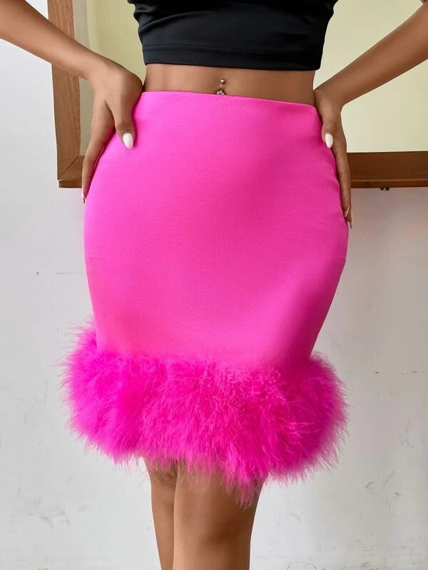 CM-BS082574 Women Elegant Seoul Style Fuzzy Trim Zipper Back Satin Bodycon Skirt