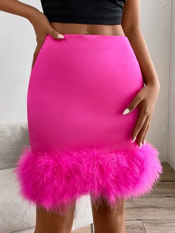 CM-BS082574 Women Elegant Seoul Style Fuzzy Trim Zipper Back Satin Bodycon Skirt