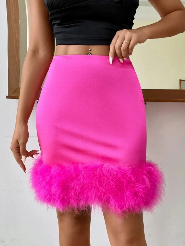 CM-BS082574 Women Elegant Seoul Style Fuzzy Trim Zipper Back Satin Bodycon Skirt