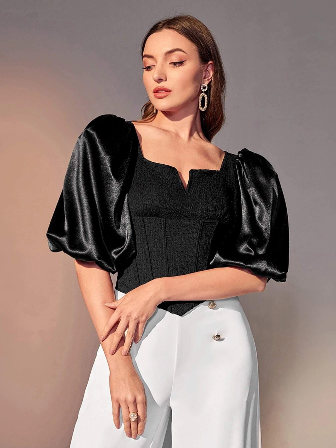 CM-TS626068 Women Elegant Seoul Style Sweetheart Neck Puff Sleeve Blouse - Black