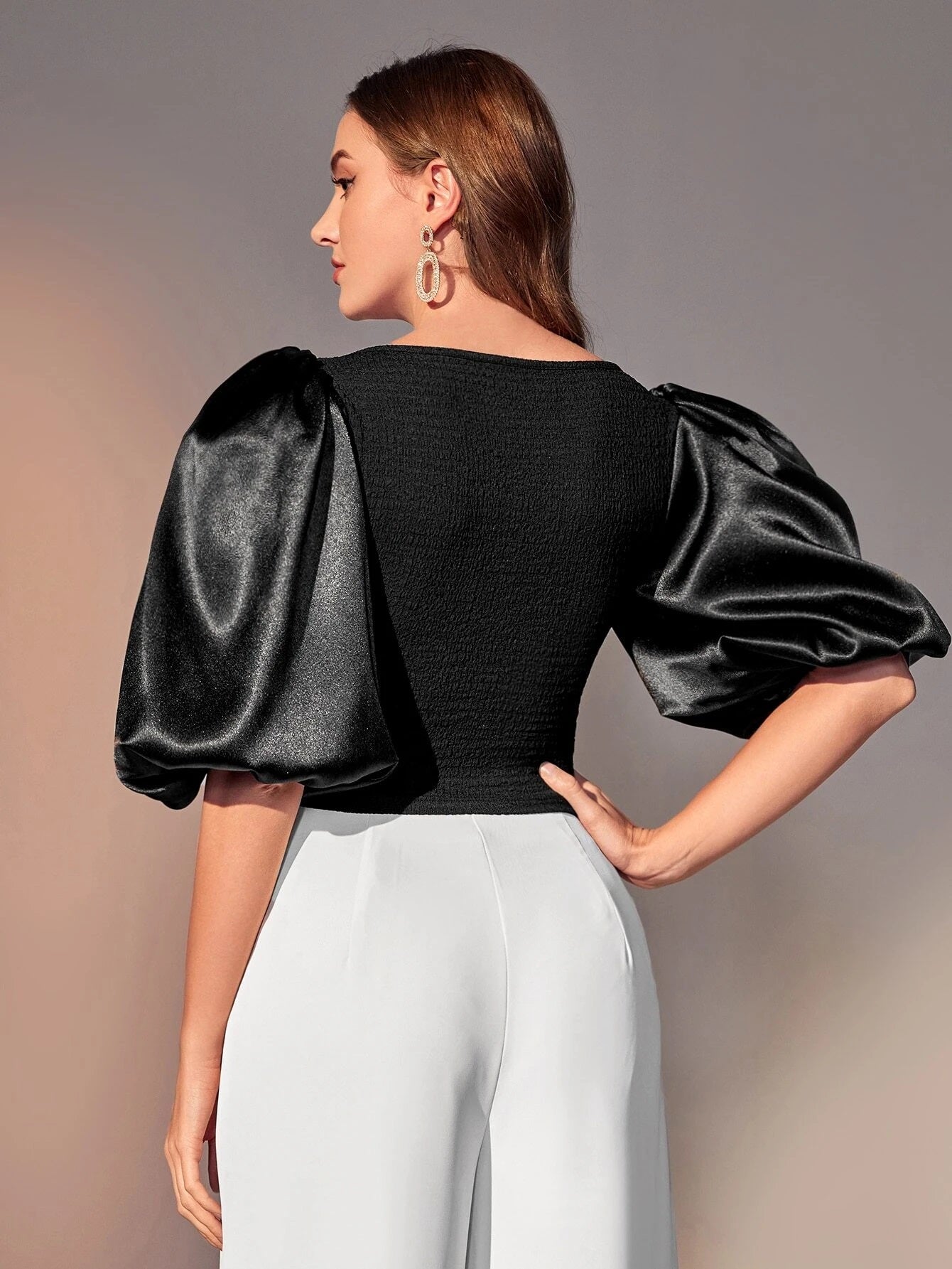 CM-TS626068 Women Elegant Seoul Style Sweetheart Neck Puff Sleeve Blouse - Black