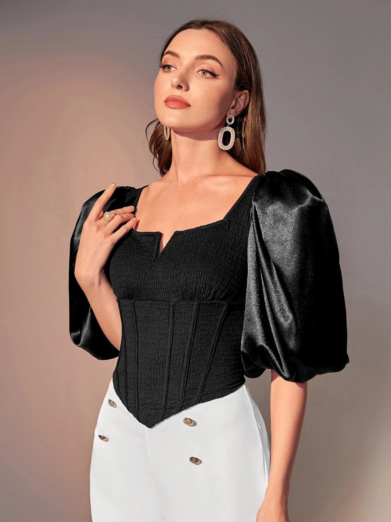CM-TS626068 Women Elegant Seoul Style Sweetheart Neck Puff Sleeve Blouse - Black
