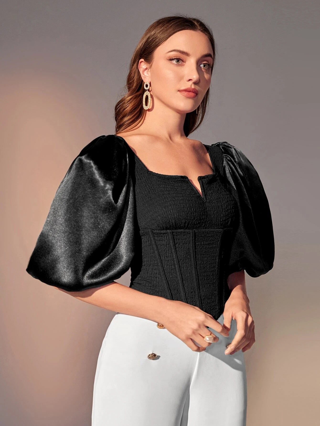 CM-TS626068 Women Elegant Seoul Style Sweetheart Neck Puff Sleeve Blouse - Black