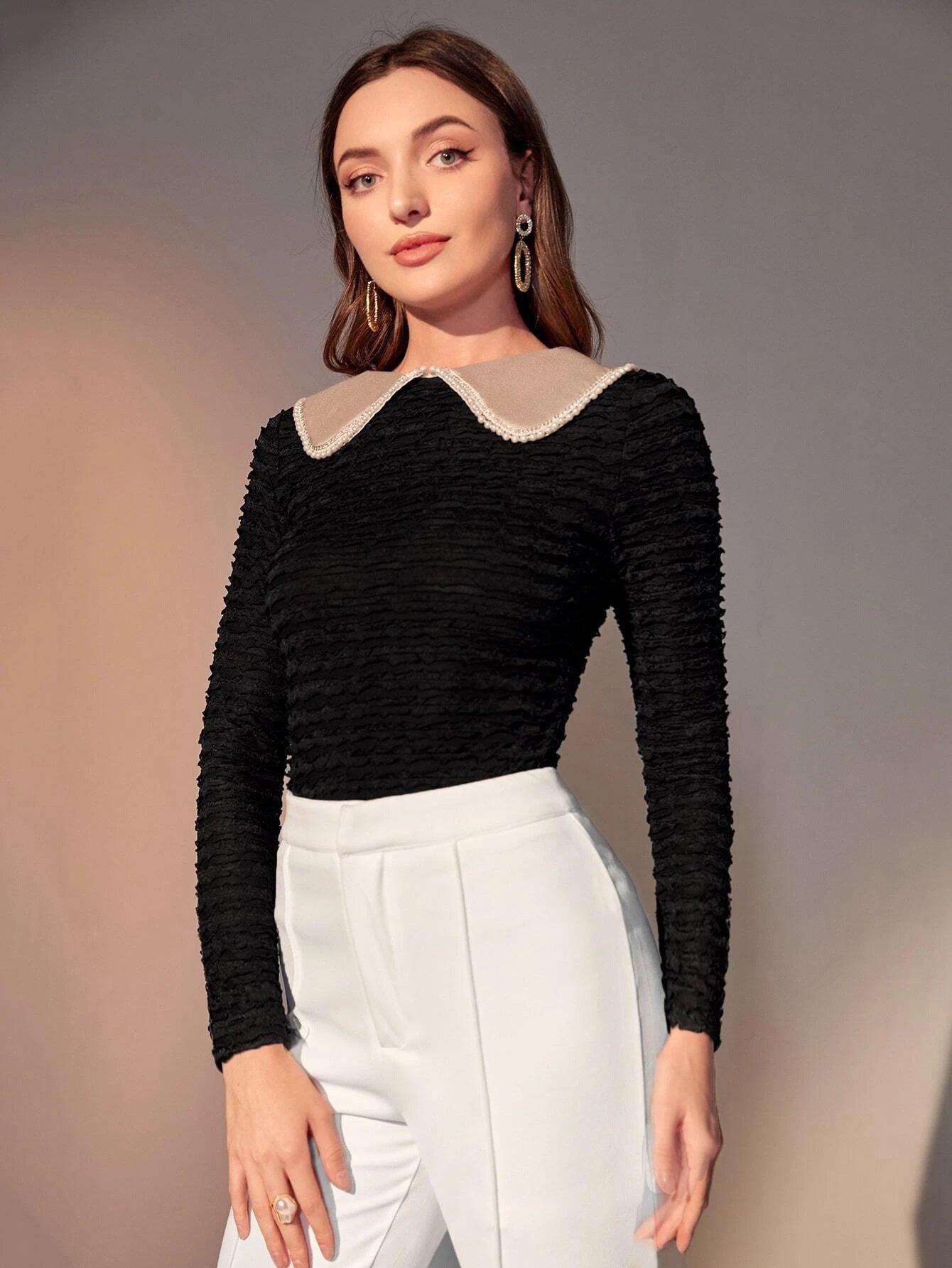 CM-TS680988 Women Elegant Seoul Style Petter Pan Collar Pearls Detail Textured Tee
