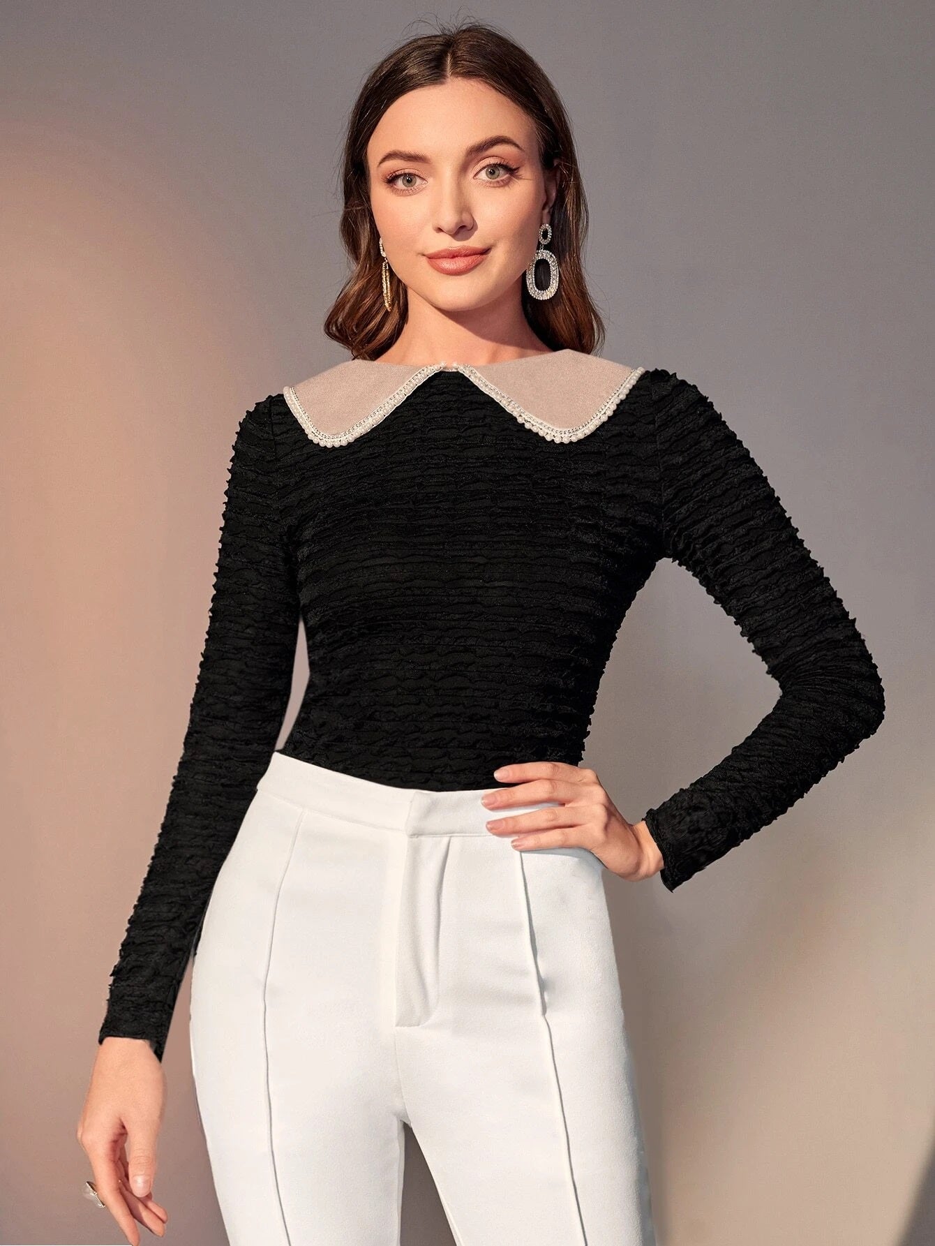 CM-TS680988 Women Elegant Seoul Style Petter Pan Collar Pearls Detail Textured Tee