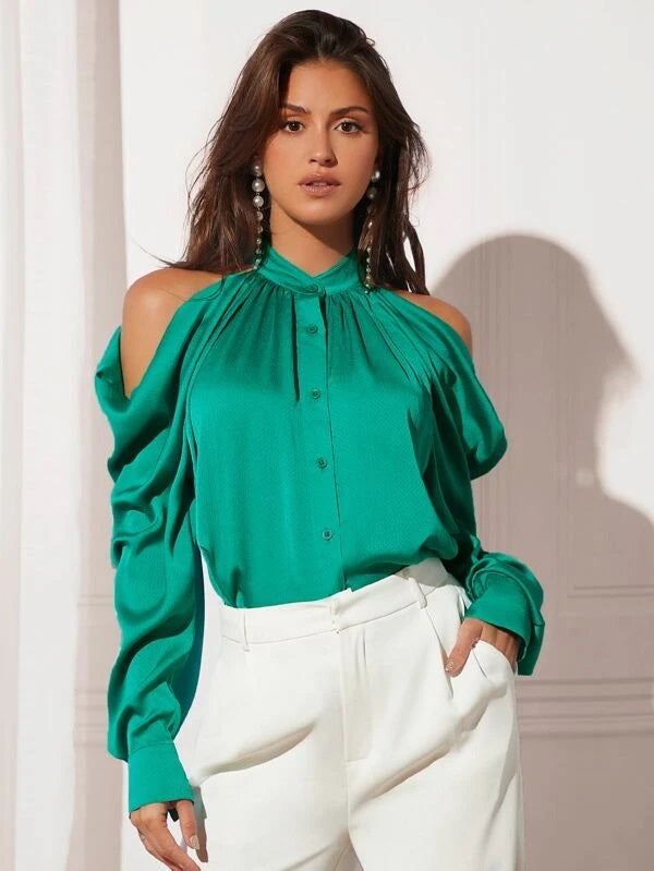 CM-TS942252 Women Elegant Seoul Style Cold Shoulder Button Front Shirt - Green