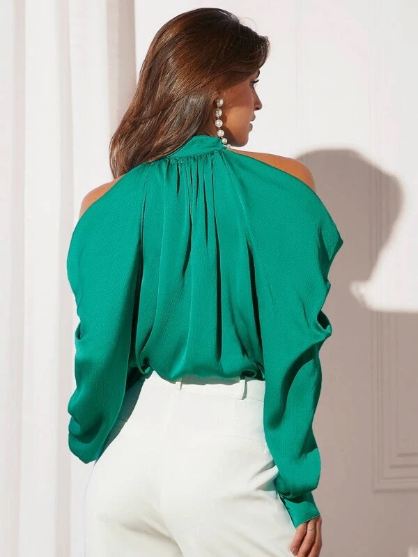 CM-TS942252 Women Elegant Seoul Style Cold Shoulder Button Front Shirt - Green