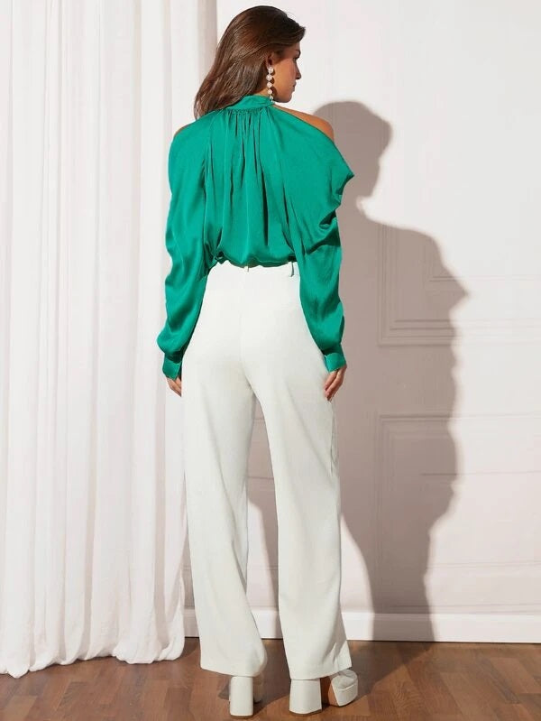CM-TS942252 Women Elegant Seoul Style Cold Shoulder Button Front Shirt - Green