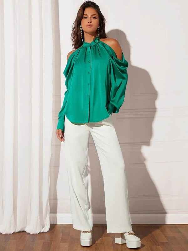 CM-TS942252 Women Elegant Seoul Style Cold Shoulder Button Front Shirt - Green
