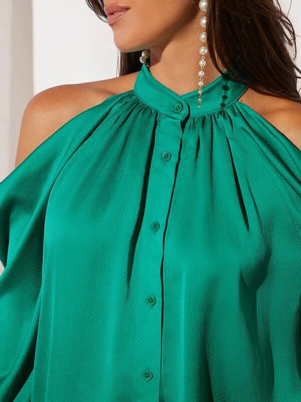 CM-TS942252 Women Elegant Seoul Style Cold Shoulder Button Front Shirt - Green