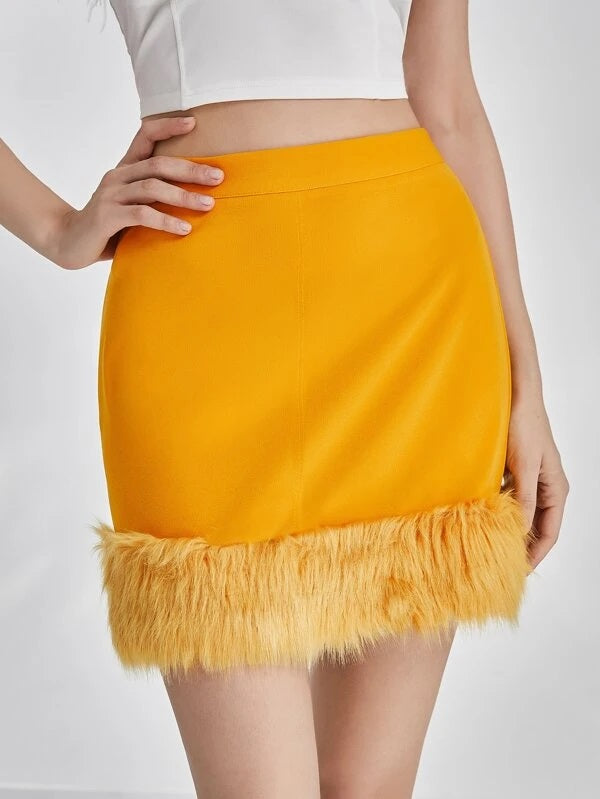 CM-BS473622 Women Elegant Seoul Style Fuzzy Hem Bodycon Skirt - Yellow